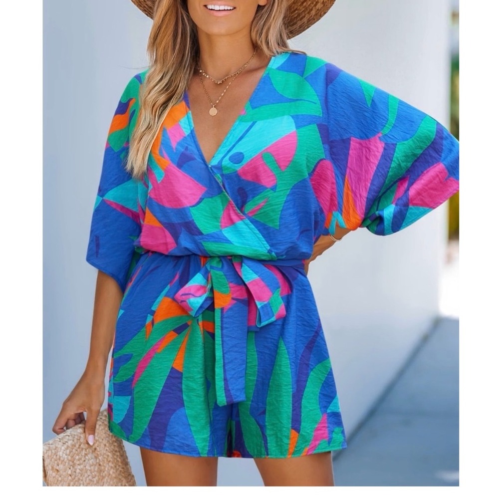 Cupshe Romper Women Large Blue Multi Excellent Tropical Wrap V-Neck Tie Waist